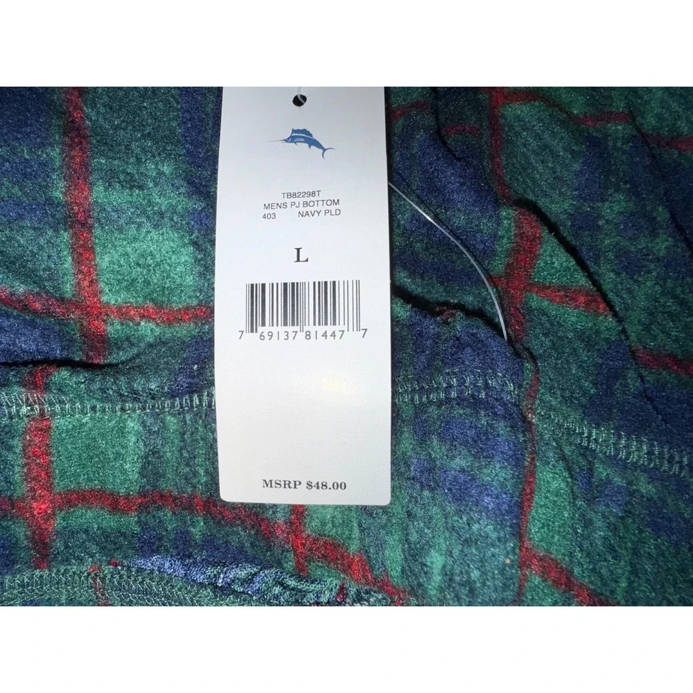 Tommy Bahama Mens Pajama Bottoms Navy Green Plaid Fleece Sleep Pants TB82298T L